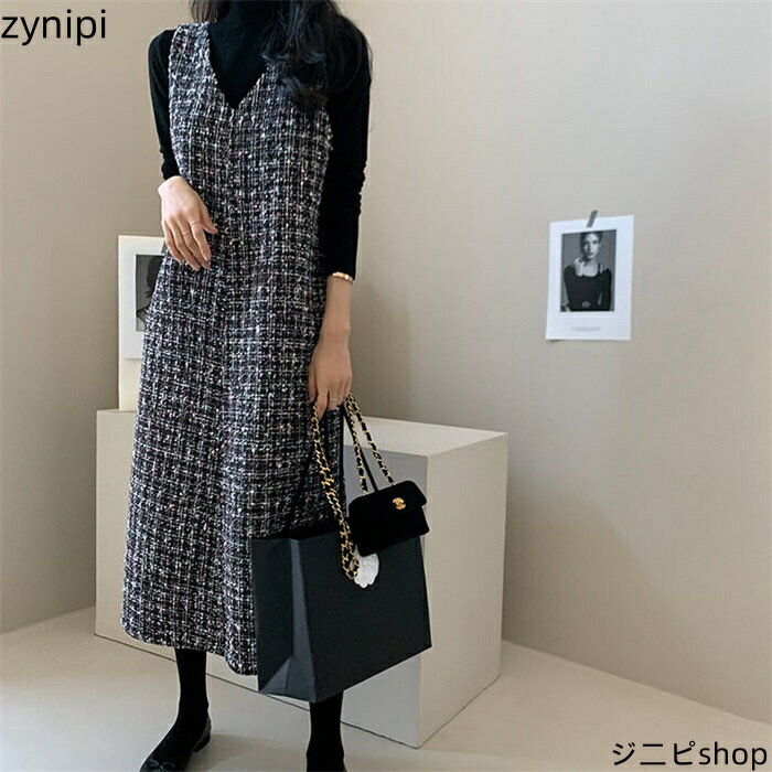 ベストワンピース ノースリーブ ジャンパースカート ロング ワンピース サロペットワンピース レディース ロング丈 Vネック ゆったり 通勤 OL 重ね着 秋 冬 レイヤード風 可愛い おしゃれ 体型カバー 着痩せ 結婚式 フォーマル 送料無料