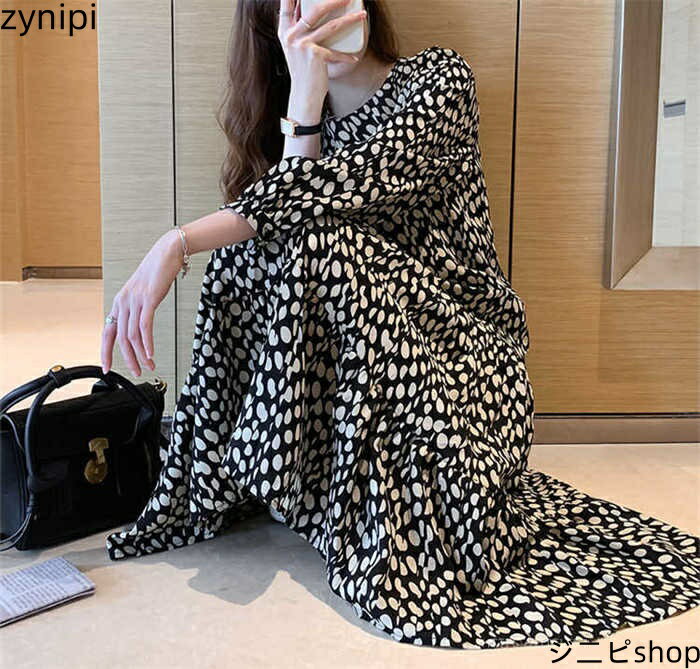 ワンピース レディース ロング ワンピース ロング シフォン プリント 春 夏 秋 長袖 ワンピ ドット柄 水玉 体型カバー 着痩せ ゆったり Aライン ハイウエスト ロングワンピ レトロ かわいい 大きいサイズ カジュアル おしゃれ 通勤 OL 20代 30代 40代 50代 送料無料