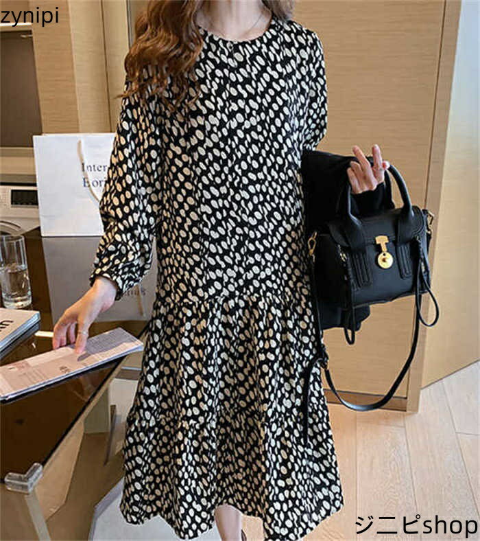 ワンピース レディース ロング ワンピース ロング シフォン プリント 春 夏 秋 長袖 ワンピ ドット柄 水玉 体型カバー 着・せ ゆったり Aライン ハイウエスト ロングワンピ レトロ かわいい 大きいサイズ カジュアル おしゃれ 通勤 OL 送料無料
