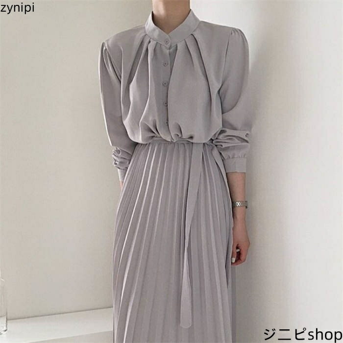 プリーツワンピース ワンピース 長袖 春 夏 秋 春服 夏服 立ち襟 ベルト付き 膝丈ワンピース 膝丈 プリーツ ワンピ レディース ドレス ワンピースドレス 大きいサイズ きれいめ 上品 オフィス 通勤 結婚式 送料無料 着痩せ フォーマル 30代 40代 50代