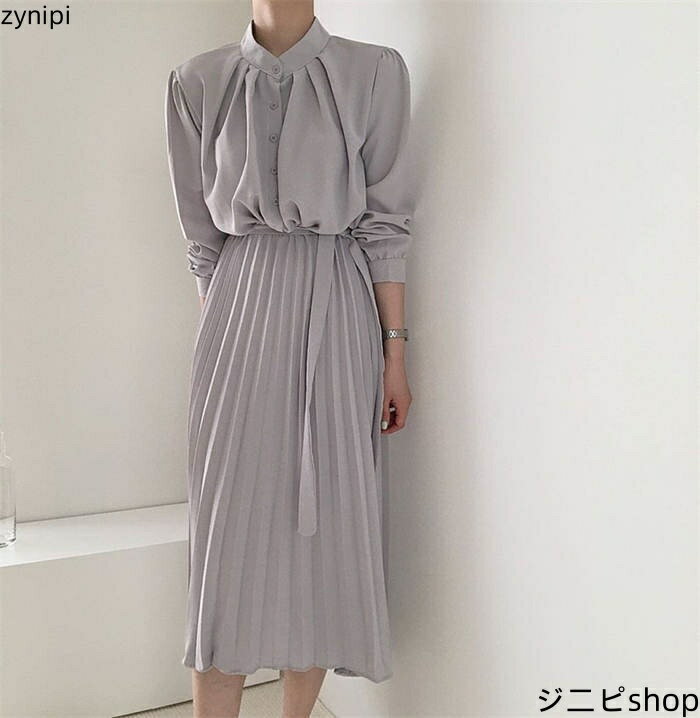プリーツワンピース ワンピース 長袖 春 夏 秋 春服 夏服 立ち襟 ベルト付き 膝丈ワンピース 膝丈 プリーツ ワンピ レディース ドレス ワンピースドレス 大きいサイズ きれいめ 上品 オフィス 通勤 結婚式 送料無料 着痩せ フォーマル 30代 40代 50代