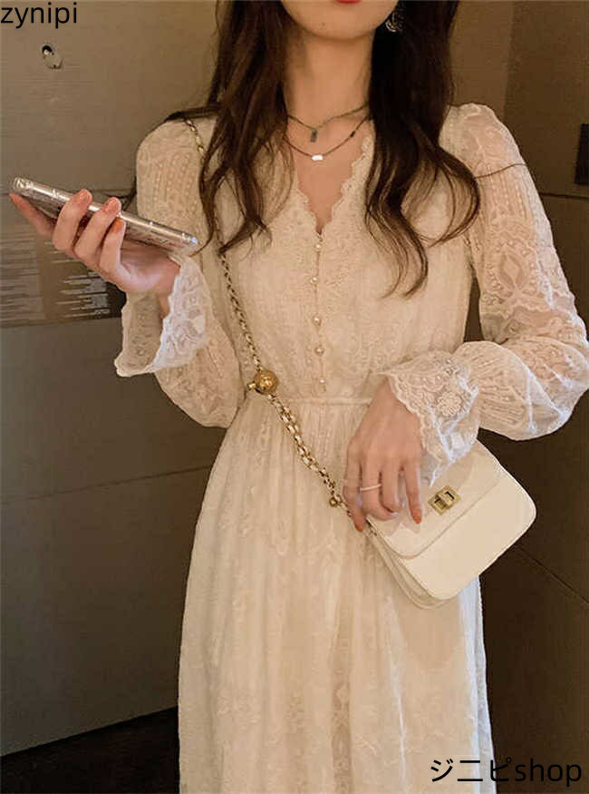 ワンピース レディース ロングワンピース ミモレ丈 長袖 ワンピ ロング Vネック レース レースワンピース 無地 体型カバー ゆったり 可愛い お洒落 ハイウエスト ボンディング ロングワンピ かわいい 春 秋 新作 おしゃれ 通勤 OL 20代 30代 40代 送料無料