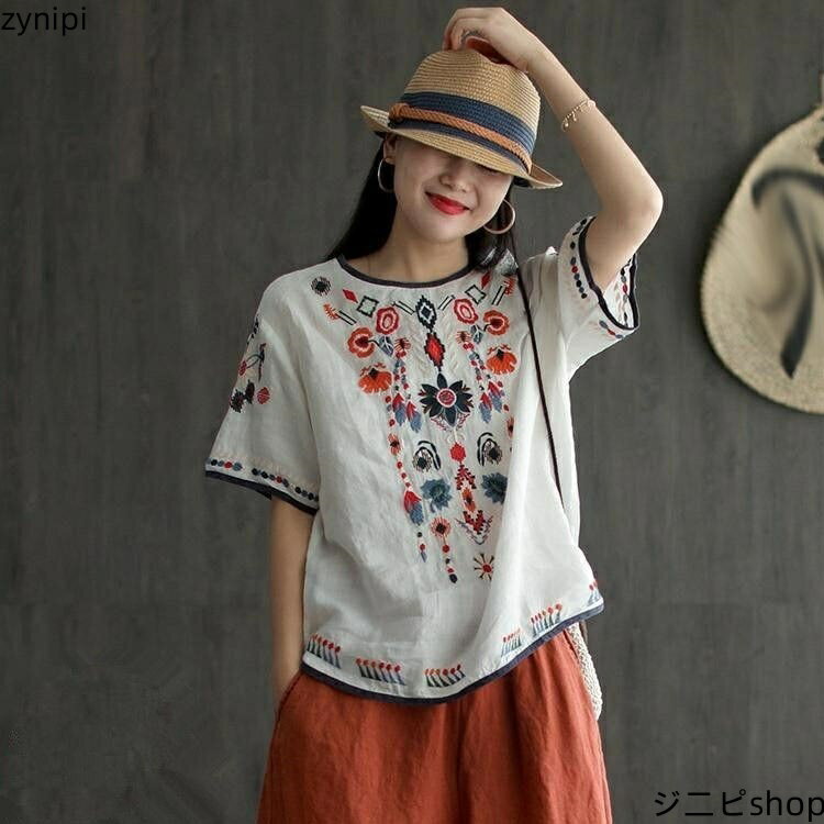 涼しい 綿麻 ブラウス Tシャツ ホワイト Tシャツ リネン プルオーバー アジアン 【送料無料】刺繍 トップス 花 チュニック 半袖 ハーフ袖 エスニック スクエアネック 麻 薄手 カットソー レッド イエロー 刺繍