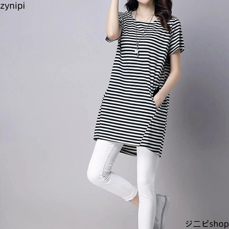 【15日までクーポン利用で6241円→4368円】M-6Lサイズ展開！大きサイズ ロングtシャツ チュニックtシャツ レディース tシャツ カットソー チュニック ボーダー柄 ラウンドネック 半袖 ロング丈 春 夏