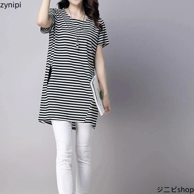 【15日までクーポン利用で6241円→4368円】M-6Lサイズ展開！大きサイズ ロングtシャツ チュニックtシャツ レディース tシャツ カットソー チュニック ボーダー柄 ラウンドネック 半袖 ロング丈 春 夏
