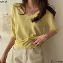 半袖 vネック ニット 大きいサイズ tシャツ 春夏 5分袖 夏 薄手 セーター カットソー レディース 重ね着 トップス ニットソー ストレッチ サマーニット...