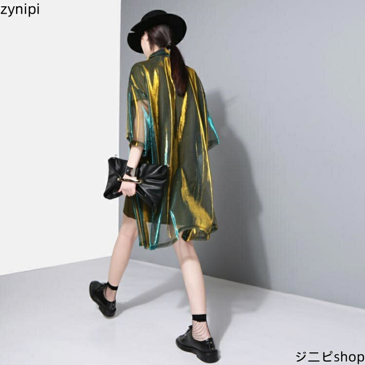 【スーパーSALE 10%OFF+P5倍】トップス シャツ 七分袖 ワイド ストリート ロング 長袖 ブラウス 透け感 オーロラ シアーシャツ シアー ダンス衣装 ジャズダンス ヒップホップ 薄手 重ね着 シースルー オーバーサイズ 光沢 日焼け対策 冷房対策 羽織り 夏 韓国 チュニック