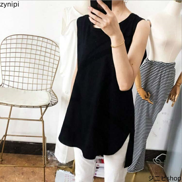 Tシャツ チュニック 黒 送料無料 ブラック ホワイト ノースリーブ 白 ラウンドヘム レディース ロング インナー 重ね着 付け裾 40代 30代 レイヤードタンクトップ