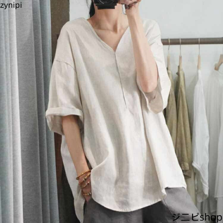【スーパーSALE 10%OFF+P5倍】プルオーバー Tシャツ ブラウス 綿麻 Vネック リネン混 麻混 シャツ レディース 5分袖 トップス コットンリネン おしゃれ 夏 カジュアル 体型カバー 大きいサイズ ナチュラル ゆったり 春 夏 薄手 涼しい 半袖