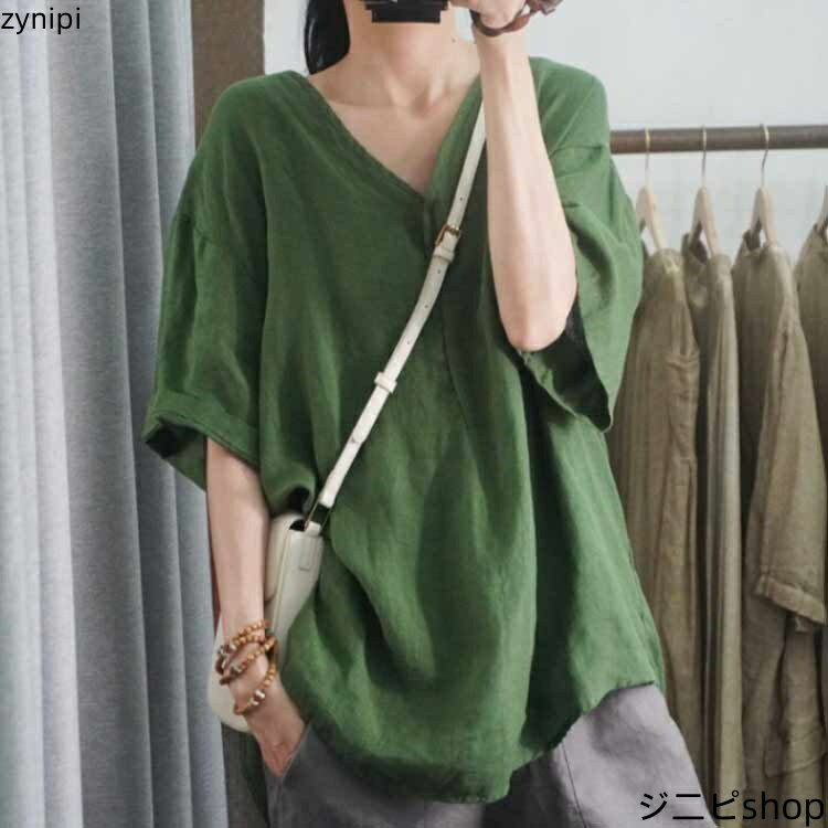 【スーパーSALE 10%OFF+P5倍】プルオーバー Tシャツ ブラウス 綿麻 Vネック リネン混 麻混 シャツ レディース 5分袖 トップス コットンリネン おしゃれ 夏 カジュアル 体型カバー 大きいサイズ ナチュラル ゆったり 春 夏 薄手 涼しい 半袖