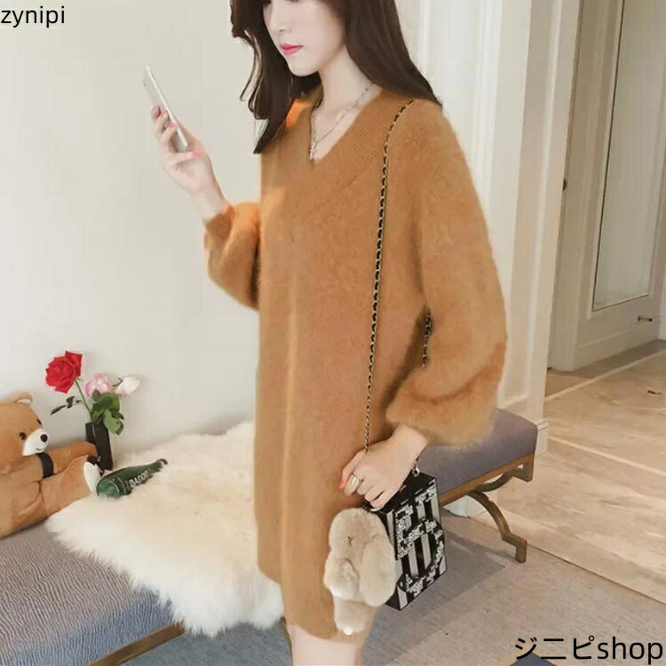 【15日までクーポン利用で4860円→3402円】ニット 全7色×6サイズ！ロングセーター ロング丈 ミニワンピース セーター ふわふわ モヘア調 チュニック Vネック 無地 ゆったり 全7色×6サイズ！ロングセーター 春 秋冬 レディース