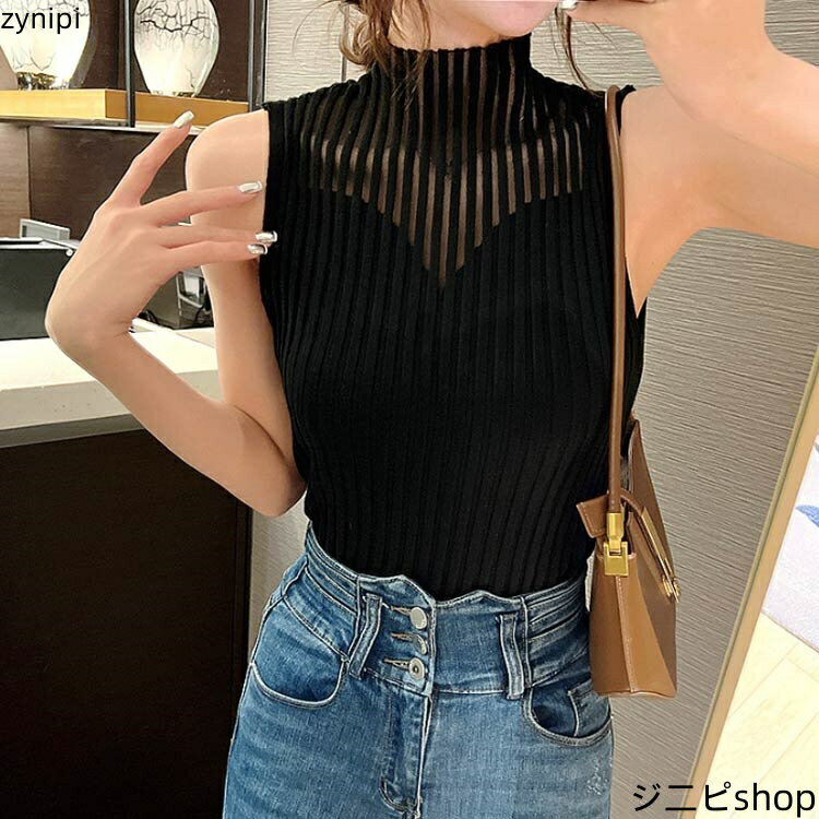 ニットトップス ノースリーブ 夏 リブニット プチハイネック レディース 透かし サマーニット 春 タンクトップ インナー プチハイネック オフィスカジュアル ストレッチ リブ ハイネック 上品 きれいめ 大人 フィット カジュアル