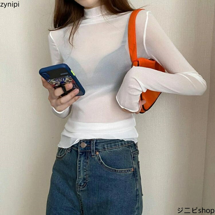 タートルネック レディース プルオーバー シアー カットソー 重ね着 シアートップス メッシュ フリル 長袖 レイヤード Tシャツ 夏 透け感 春 【2枚セット】ハイネック 【2枚セット】ハイネック インナー 紫外線対策 シースルー ロンt おしゃれ 無地