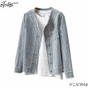 ノーカラー デニムジャケット レディース 春秋 ショート丈 ゆったり 大きいサイズ 体型カバー gジャン ジージャン 無地 シンプル ダメージ カジュアル 旅行 アウトドア ジャケット アウター 防風 防寒 ブルー