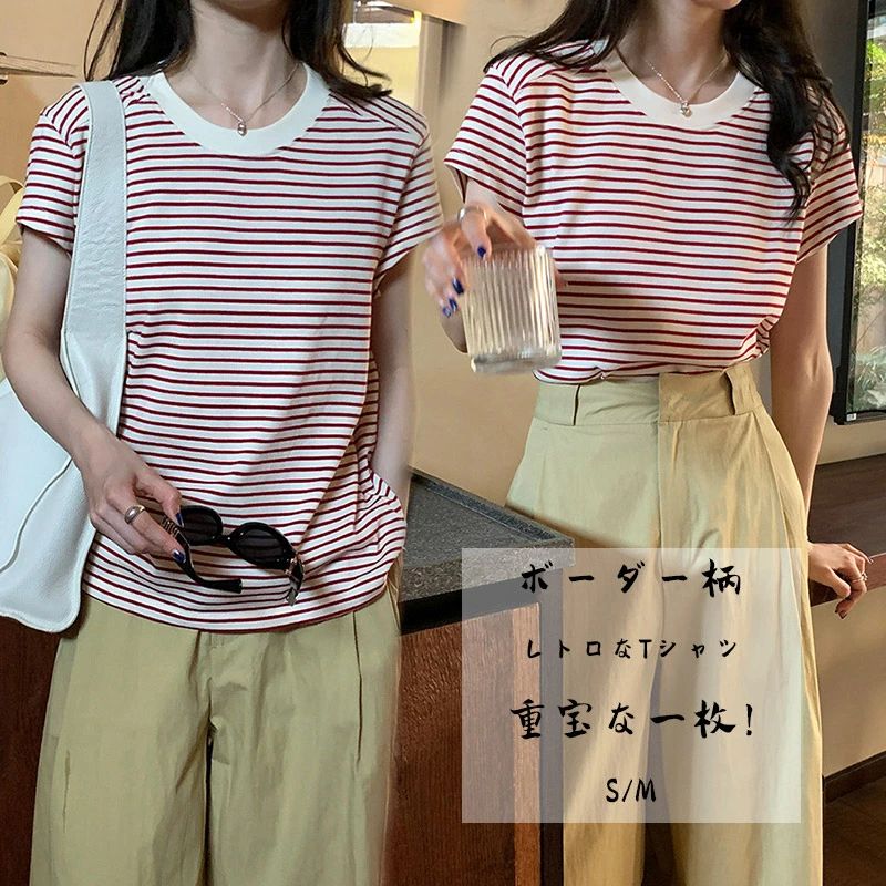 Tシャツ レディース 半袖 トップス クルーネック ゆったり カットソー ボーダー柄 綿 綿100 半袖トップス コットン ロンT 体型カバー きれいめ カジュアル 大人 レトロ レッド オフィスカジュアル tシャツ 春夏 春 夏 ボーダー 送料無料