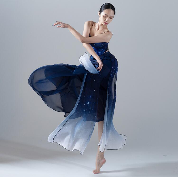 ダンス衣装 夜空 グラデーション星空 古典舞踊2点セット シフォン広がるスカート 大きい裾 スリット リボン 飄逸 古典ダンス モダンダンススカート キャミソール 半袖レオタード 踊りやすい エレガント 社交ダンス 練習着 着