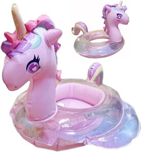 ユニコーン 浮き輪 子供用 ピンク プール用浮き具 海 膨らまし式 足入れ式 持ち手 アームリング付き