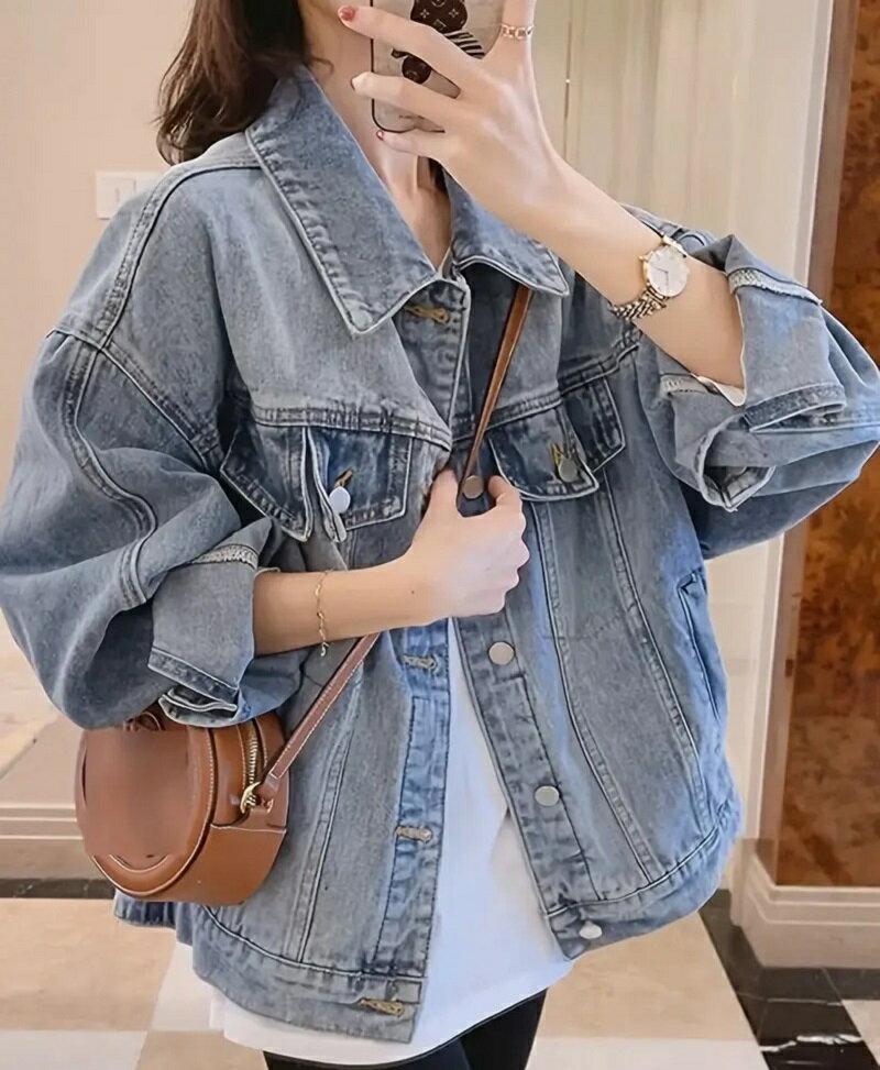 レディースカジュアルファスデニムジャケット、ソリッドカラー、長袖、少しストレッチ、ポケット付き、春と秋に最適
