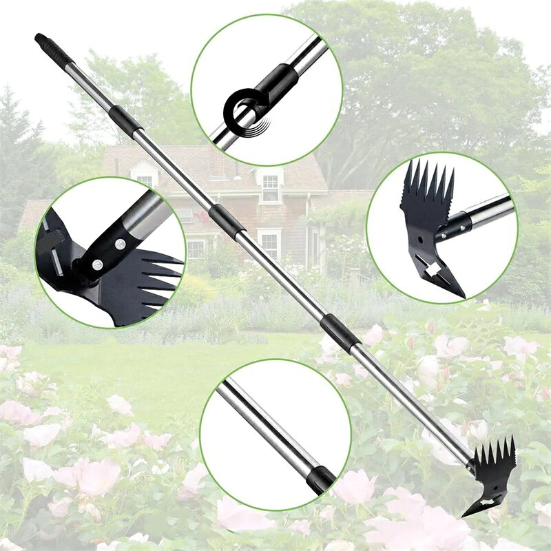 雑草抜きツール 2in1 雑草取り器具 伸縮レーキ ステンレス柄付 長いハンドル 立っ...