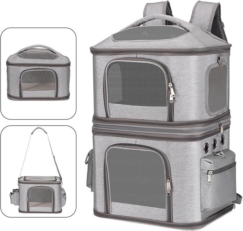 ペットキャリーバッグ ペットキャリーバックパック 2匹用大容量 メッシュウィンドウ クッション付き 2層に分割可能 犬猫用バックパック 収納式散歩バッグ お出かけ