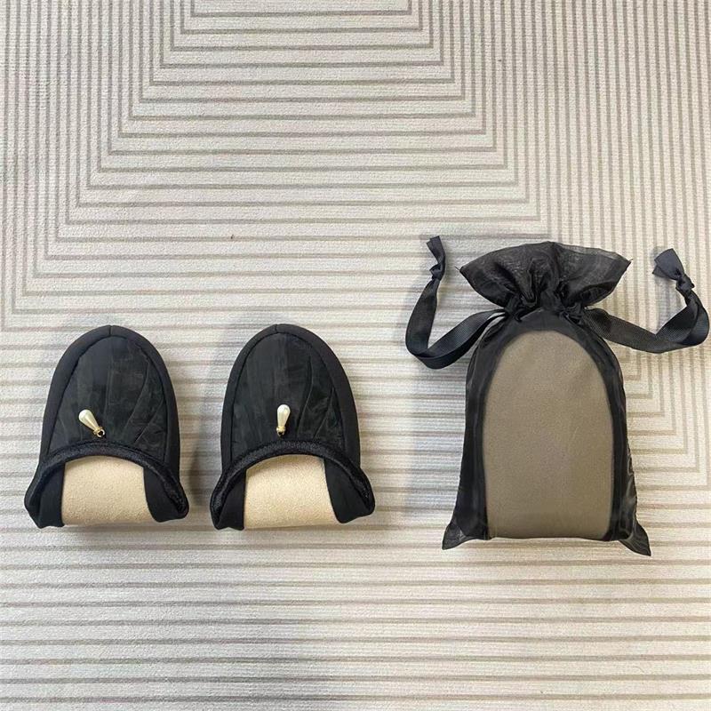 折りたたみスリッパ レディース 携帯スリッパ 折り畳みスリッパ 携帯 学校 お受験 旅行 涙パール 黒 猫ロゴ袋 オーガンジー巾着付き ブラック