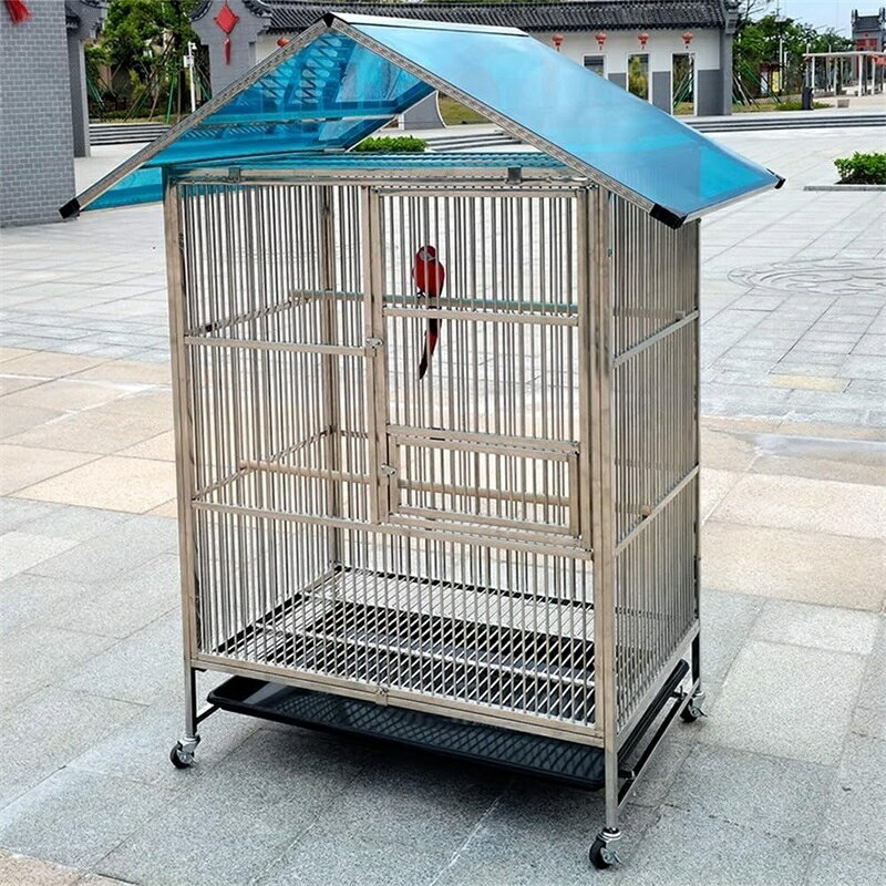 大型 鳥かご セキセイインコケージ 手乗りインコ ステンレス素材 ステンレススチールシャーシが付属 ステンレス製スタンディングスティック ユニバーサルホイール 鳥小屋 複数飼い 大きいケージ オカメインコ (雨除け付き94*64*120cm)