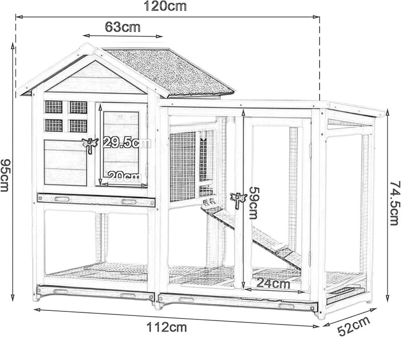 ミソラ雑貨屋の鶏小屋 屋外チキンコープ マルチレベル耐候性鶏舎 巣箱付き1200*630*950mm木製家禽ケージ ラン ランプ 金網 取り外し可能な底 丈夫で丈夫 水で洗える組み立て簡単 鶏用ケージ Gray｜アングル2
