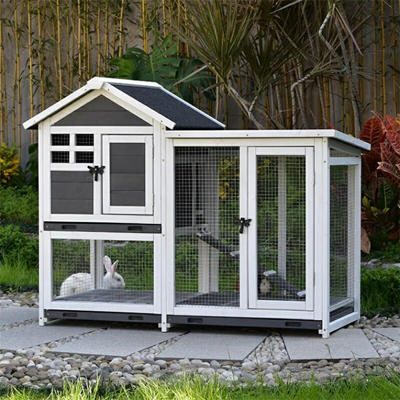 ミソラ雑貨屋の鶏小屋 屋外チキンコープ マルチレベル耐候性鶏舎 巣箱付き1200*630*950mm木製家禽ケージ ラン ランプ 金網 取り外し可能な底 丈夫で丈夫 水で洗える組み立て簡単 鶏用ケージ Gray｜アングル3