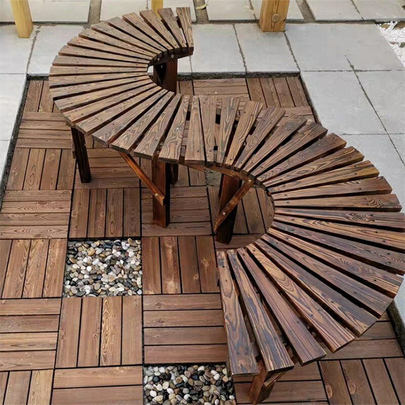 Benches - ガーデンベンチ 屋外用ツリーベンチ ラップアラウンド、円形ガーデンベンチ 天然木、半円形 背もたれなし 座席ベンチ 2 個、パティオ 公園 裏庭 装飾用スツール