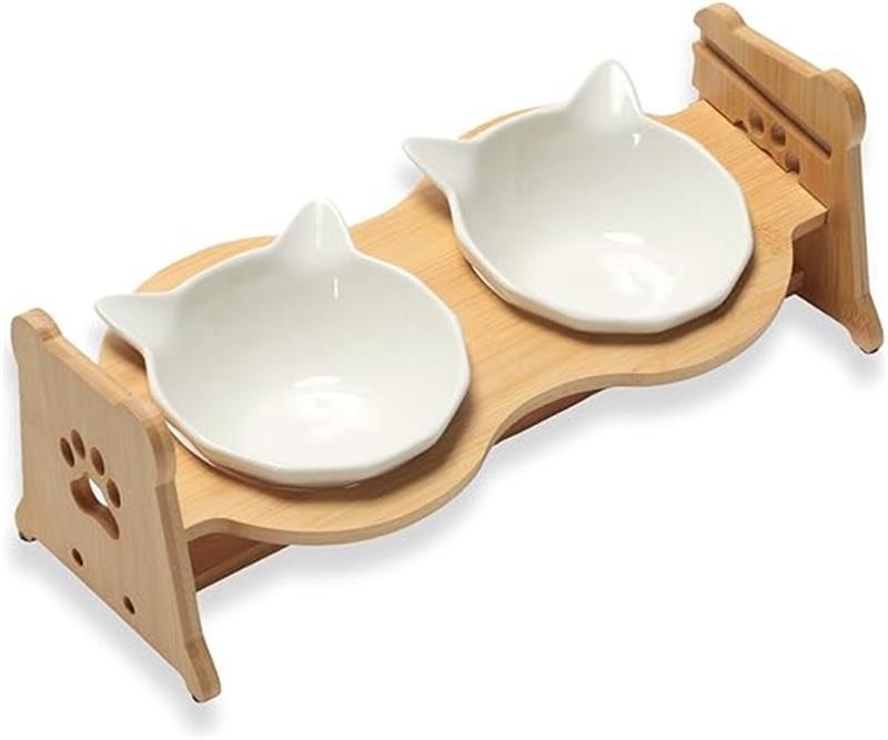Rakuten - 猫 フードボウル ダブル 陶器 傾斜 食器 皿 餌入 猫用 小型犬用 食器台 えさ皿 すぐ使える 高さ調節 スタンド付き