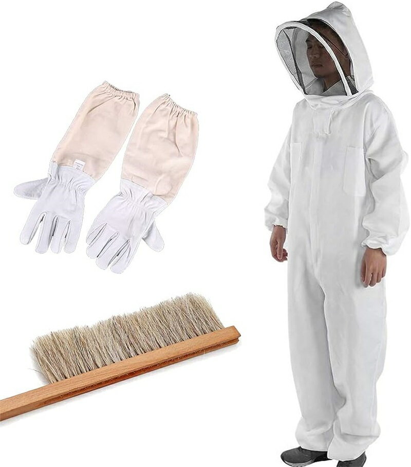 ハチ防護服 防護服 養蜂器具 蜂 スズメバチ 駆除 害虫駆除 一体式 ブラシ手袋付き 三点セット フェイスネット 取り外しやすい