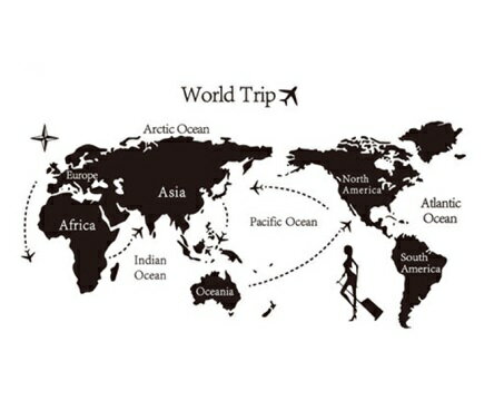 ウォールステッカー/世界地図飛行機 モノトーン マップの写真